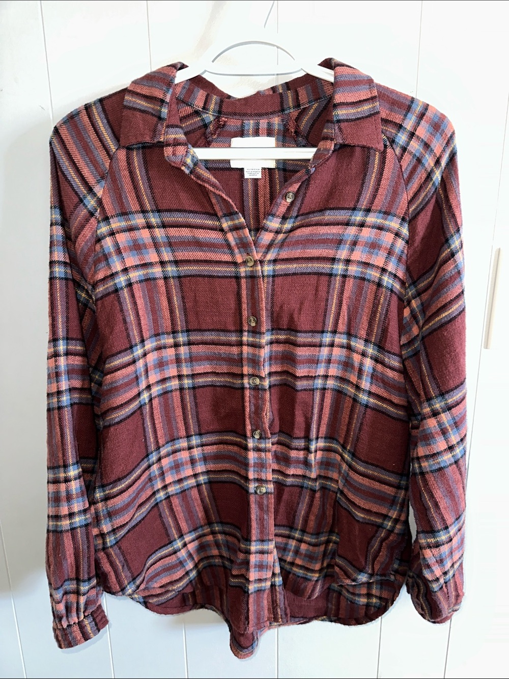 American Eagle Outfitters Burgundy Plaid Button-Down Shirt